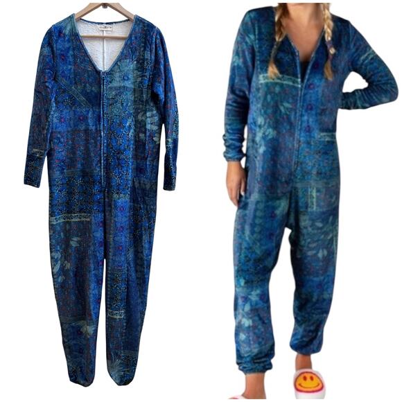 Natural Life Oversized Fleece Blue Patchwork V Neck Jumpsuit Pajamas XS Cozy - Picture 1 of 11
